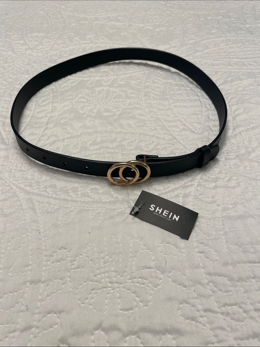 NWT SHEIN Black Faux Leather Belt with Gold Tone Buckle